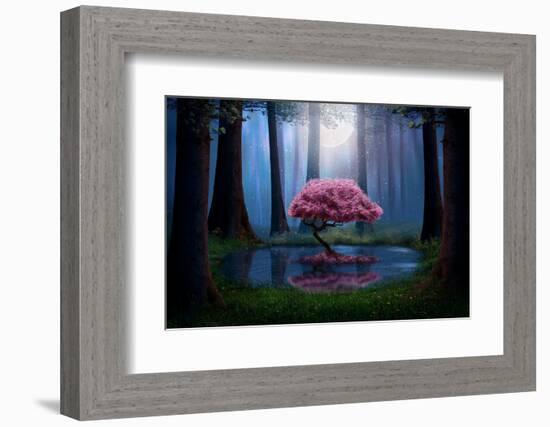 Pink Tree and Pond in the Forest at Night. Photomanipulation.-null-Framed Premium Photographic Print