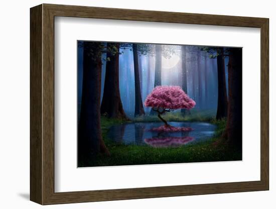 Pink Tree and Pond in the Forest at Night. Photomanipulation.-null-Framed Premium Photographic Print