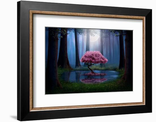 Pink Tree and Pond in the Forest at Night. Photomanipulation.-null-Framed Premium Photographic Print