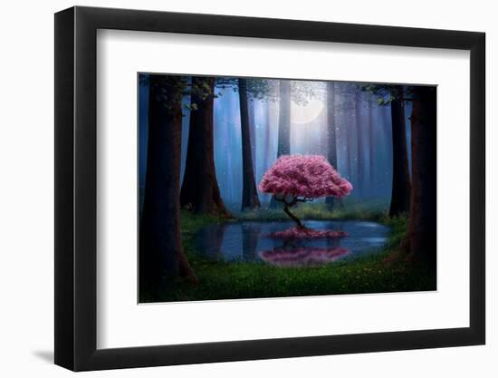 Pink Tree and Pond in the Forest at Night. Photomanipulation.-null-Framed Premium Photographic Print
