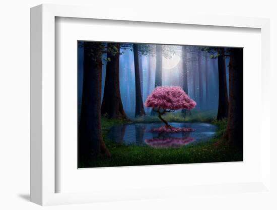 Pink Tree and Pond in the Forest at Night. Photomanipulation.-null-Framed Premium Photographic Print