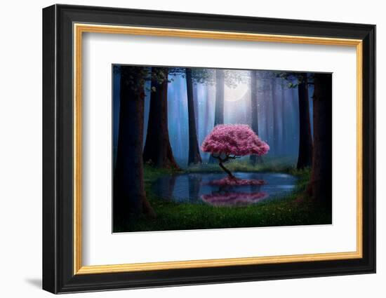 Pink Tree and Pond in the Forest at Night. Photomanipulation.-null-Framed Premium Photographic Print