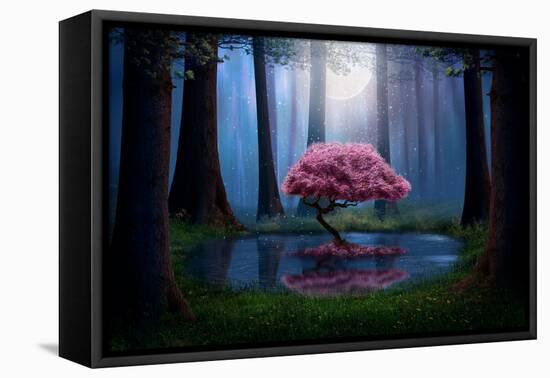 Pink Tree and Pond in the Forest at Night. Photomanipulation.-null-Framed Premier Image Canvas