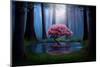 Pink Tree and Pond in the Forest at Night. Photomanipulation.-null-Mounted Photographic Print