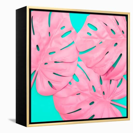 Pink Tropical Palm Leaves of Monstera in Vibrant Bold Color on Turquoise Background-Katya Havok-Framed Stretched Canvas