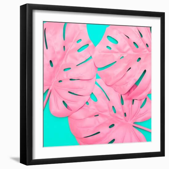 Pink Tropical Palm Leaves of Monstera in Vibrant Bold Color on Turquoise Background-Katya Havok-Framed Photographic Print