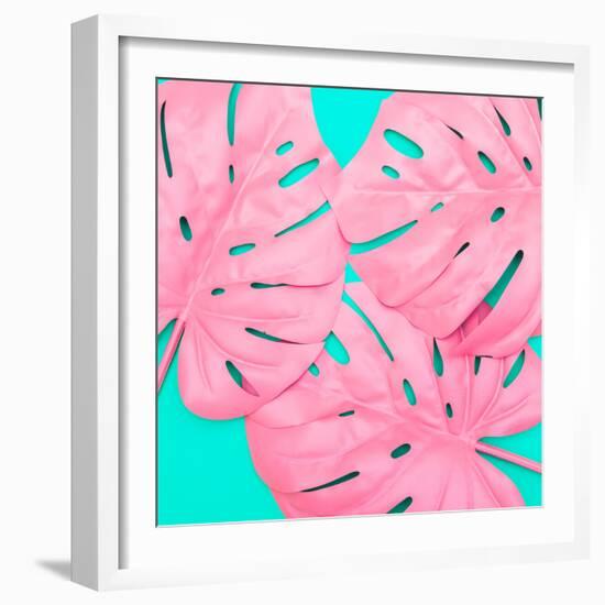 Pink Tropical Palm Leaves of Monstera in Vibrant Bold Color on Turquoise Background-Katya Havok-Framed Photographic Print