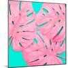 Pink Tropical Palm Leaves of Monstera in Vibrant Bold Color on Turquoise Background-Katya Havok-Mounted Photographic Print