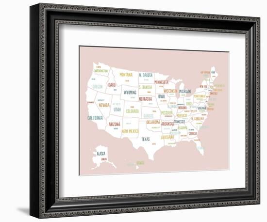 Pink USA Map-Kindred Sol Collective-Framed Art Print