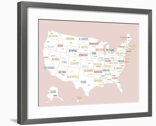 Pink USA Map-Kindred Sol Collective-Framed Art Print