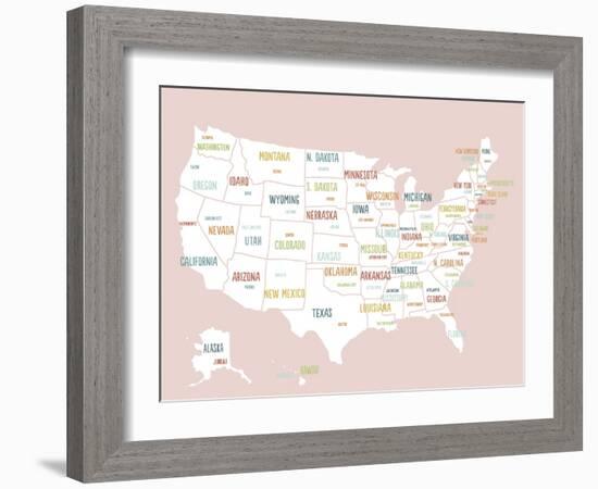 Pink USA Map-Kindred Sol Collective-Framed Art Print