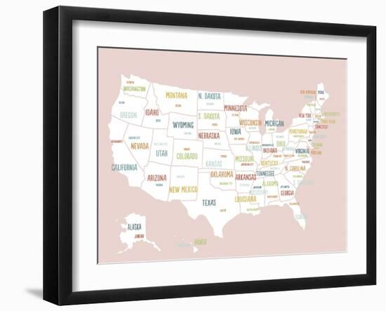 Pink USA Map-Kindred Sol Collective-Framed Art Print