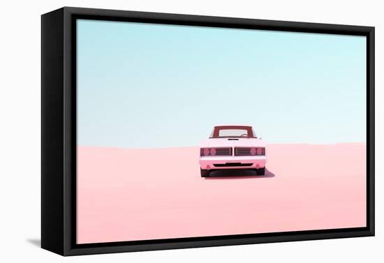 Pink Vintage Muscle Car Desert Sand Blue Sky Sunny Road Trip Rest Break Isolated Driving Pastel Ser-Paul Campbell-Framed Premier Image Canvas