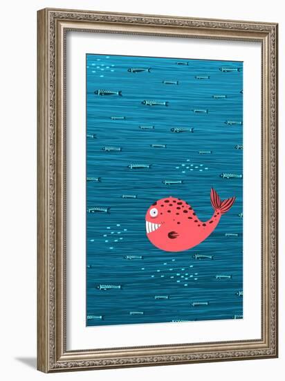 Pink Whale and Fish Underwater Cartoon Background. Raster Variant.-Popmarleo-Framed Art Print