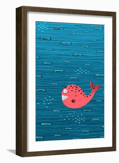 Pink Whale and Fish Underwater Cartoon Background. Raster Variant.-Popmarleo-Framed Art Print