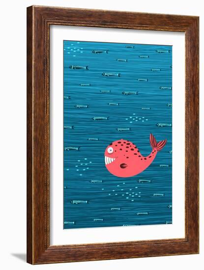 Pink Whale and Fish Underwater Cartoon Background. Raster Variant.-Popmarleo-Framed Art Print