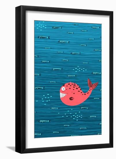 Pink Whale and Fish Underwater Cartoon Background. Raster Variant.-Popmarleo-Framed Art Print