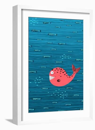 Pink Whale and Fish Underwater Cartoon Background. Raster Variant.-Popmarleo-Framed Art Print