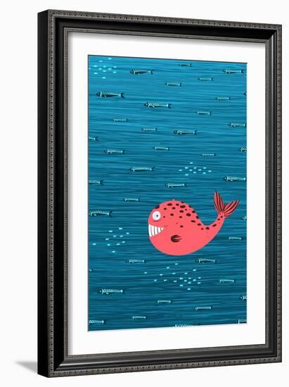 Pink Whale and Fish Underwater Cartoon Background. Raster Variant.-Popmarleo-Framed Art Print