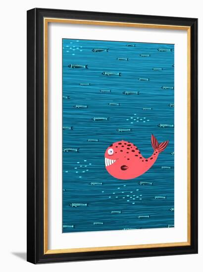 Pink Whale and Fish Underwater Cartoon Background. Raster Variant.-Popmarleo-Framed Art Print