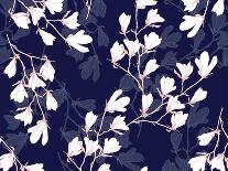 Magnolia Flower Vector Illustration. Seamless Pattern with White Flowers on a Navy Blue Background.-PinkCactus-Framed Art Print