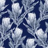 Navy Blue and White Protea Flower Illustration. Seamless Pattern Repeat.-PinkCactus-Framed Stretched Canvas