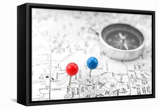 Pins and Compass on Black and White Map-SNEHITDESIGN-Framed Premier Image Canvas