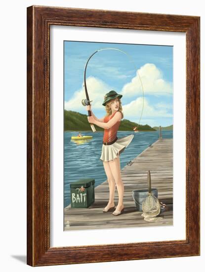 Pinup Girl Fishing on Lake-Lantern Press-Framed Art Print