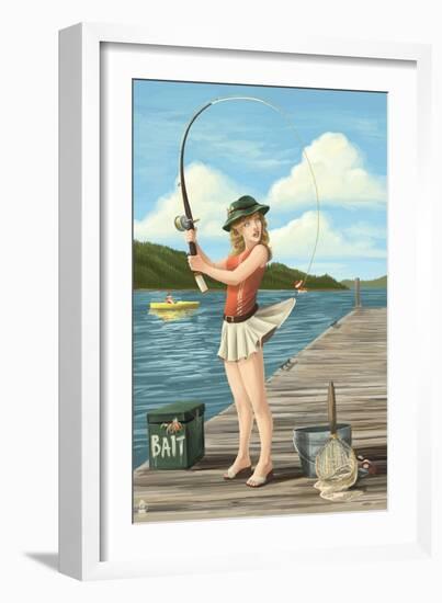 Pinup Girl Fishing on Lake-Lantern Press-Framed Art Print