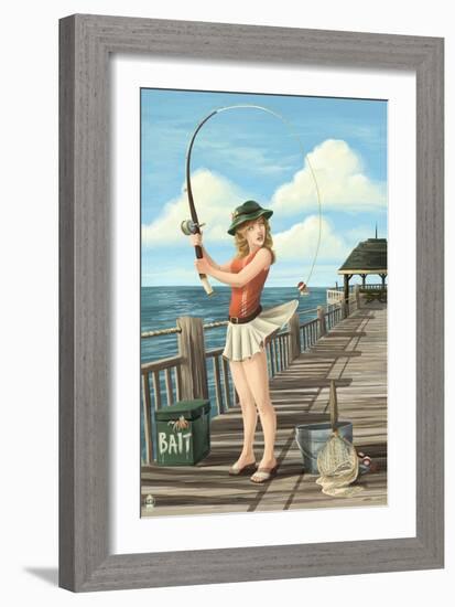 Pinup Girl Fishing on Ocean-Lantern Press-Framed Art Print