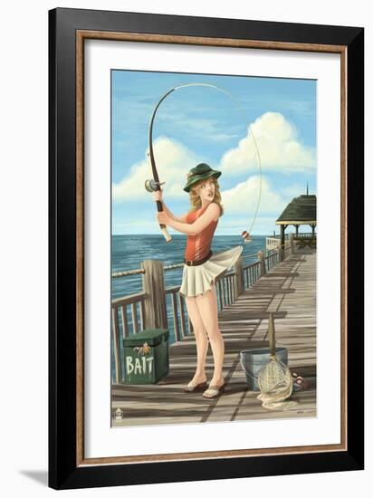 Pinup Girl Fishing on Ocean-Lantern Press-Framed Art Print