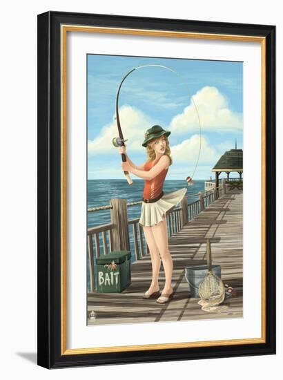 Pinup Girl Fishing on Ocean-Lantern Press-Framed Art Print