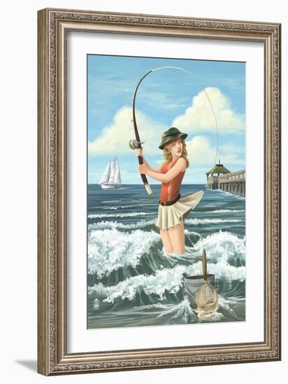 Pinup Girl Fishing-Lantern Press-Framed Art Print