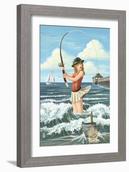 Pinup Girl Fishing-Lantern Press-Framed Art Print