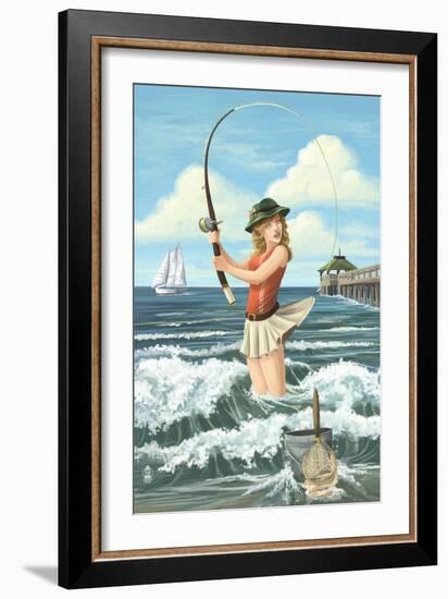 Pinup Girl Fishing-Lantern Press-Framed Art Print