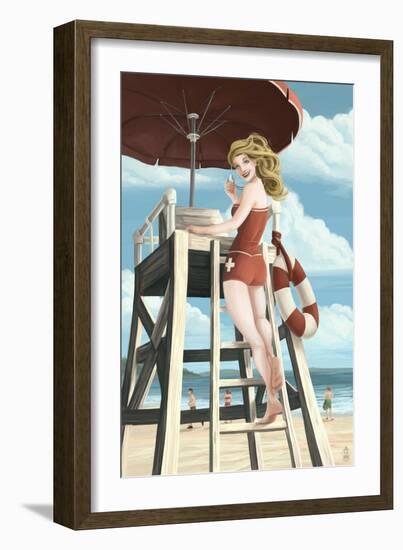 Pinup Girl Lifeguard-Lantern Press-Framed Art Print