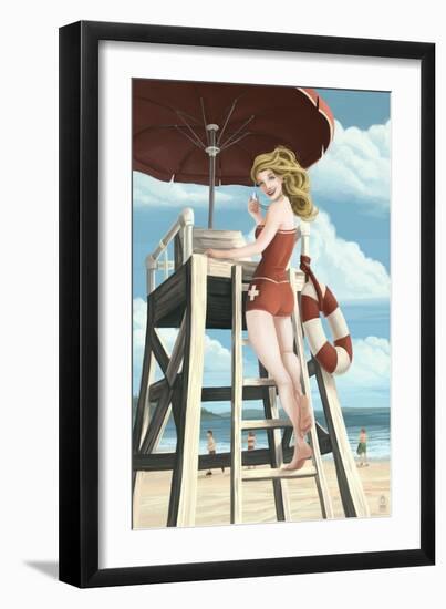 Pinup Girl Lifeguard-Lantern Press-Framed Art Print