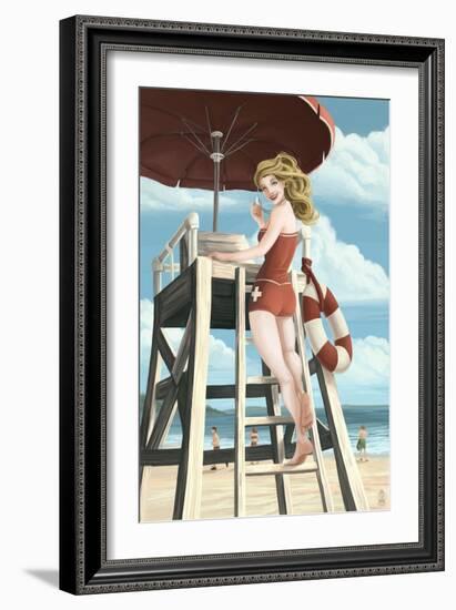 Pinup Girl Lifeguard-Lantern Press-Framed Art Print