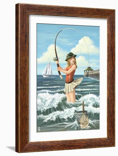 Pinup Girl Surf Fishing-Lantern Press-Framed Art Print