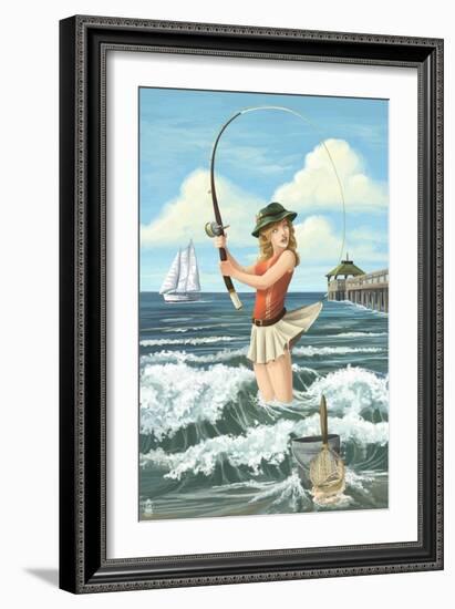 Pinup Girl Surf Fishing-Lantern Press-Framed Art Print