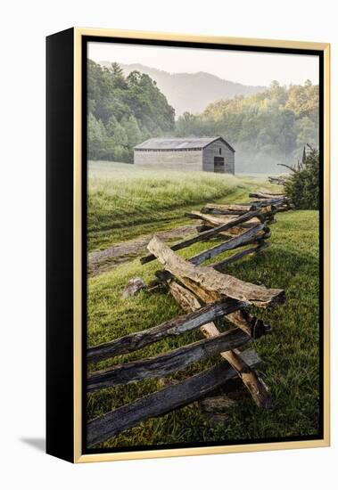 Pioneer's Barn, Split Rail Fence, Cades Cove, Great Smoky Mountains National Park, Tennessee, USA-null-Framed Premier Image Canvas