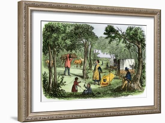 Pioneers' Camp at Sunset Along the Oregon Trail, 1850s-null-Framed Giclee Print