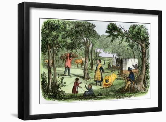 Pioneers' Camp at Sunset Along the Oregon Trail, 1850s-null-Framed Giclee Print