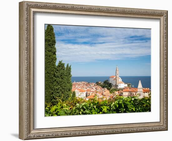 Piran, Primorska, Slovenia. Overeall view of the town and of St. George's cathedral from the Tow...-null-Framed Photographic Print