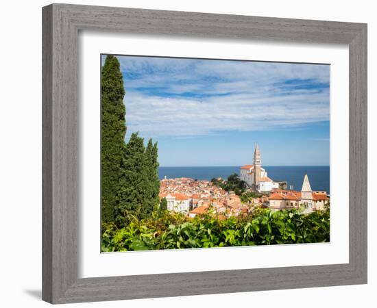 Piran, Primorska, Slovenia. Overeall view of the town and of St. George's cathedral from the Tow...-null-Framed Photographic Print