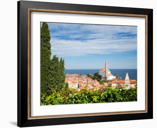 Piran, Primorska, Slovenia. Overeall view of the town and of St. George's cathedral from the Tow...-null-Framed Photographic Print