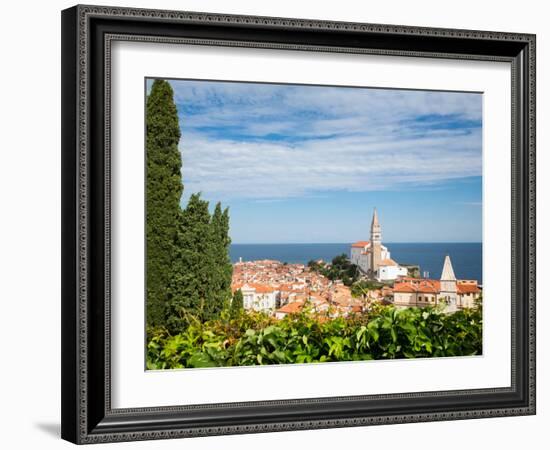 Piran, Primorska, Slovenia. Overeall view of the town and of St. George's cathedral from the Tow...-null-Framed Photographic Print