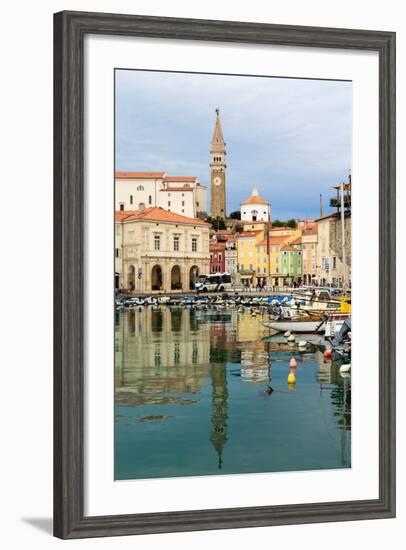 Piran, Primorska, Slovenia. View across harbour to Tartinijev trg (or square) and the spire of S...-null-Framed Photographic Print