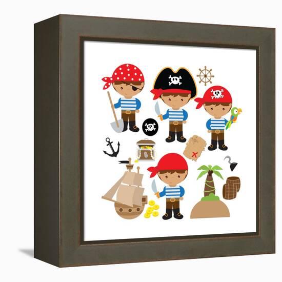 Pirate,Boy,Pirate Ship, Treasure Chest, Island, Palm Tree, Map, Skull, Jolly Roger, Parrot-Svetlana Peskin-Framed Stretched Canvas