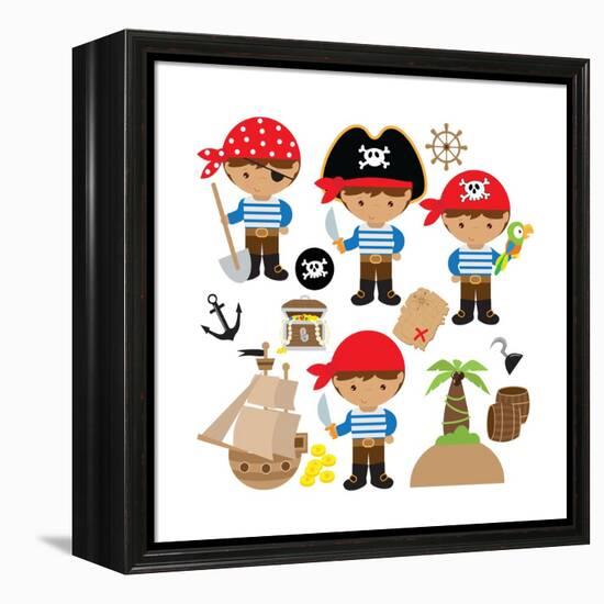 Pirate,Boy,Pirate Ship, Treasure Chest, Island, Palm Tree, Map, Skull, Jolly Roger, Parrot-Svetlana Peskin-Framed Stretched Canvas